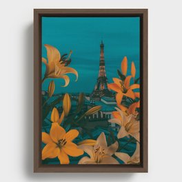 Lilies in bloom against the background of evening Paris. Framed Canvas