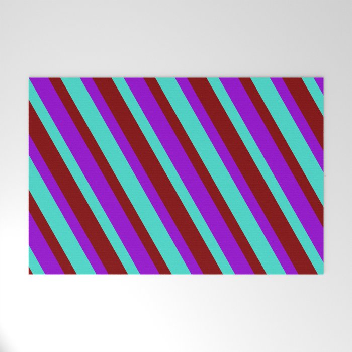 Dark Violet, Turquoise & Maroon Colored Lines/Stripes Pattern Welcome Mat