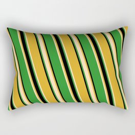 [ Thumbnail: Goldenrod, Tan, Forest Green, and Black Colored Striped/Lined Pattern Rectangular Pillow ]