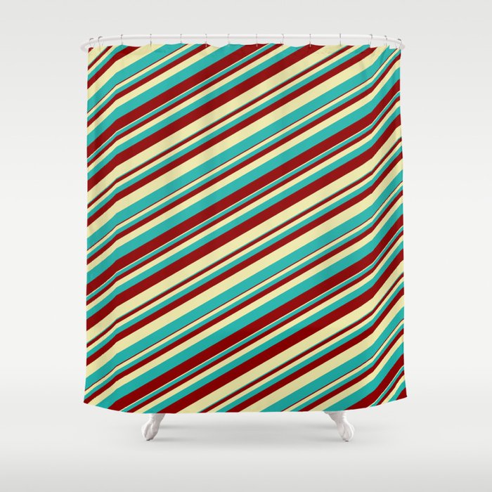 Pale Goldenrod, Light Sea Green, and Dark Red Colored Striped Pattern Shower Curtain