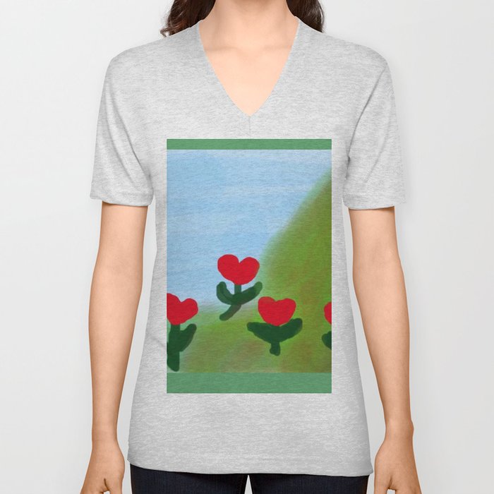 Hearts from a Rose Red and Green V Neck T Shirt