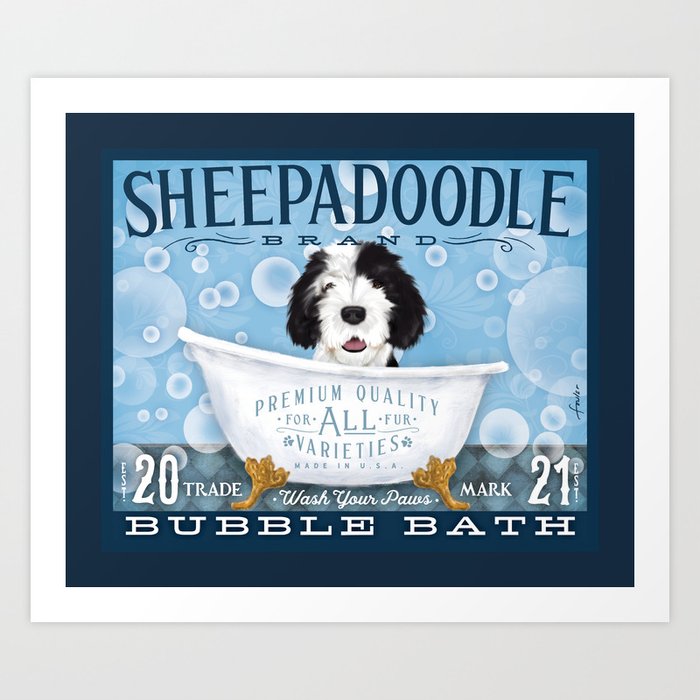 Sheepadoodle dog bubble bath clawfoot tub soap Art Print