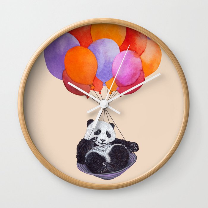 Panda flying with balloons Wall Clock