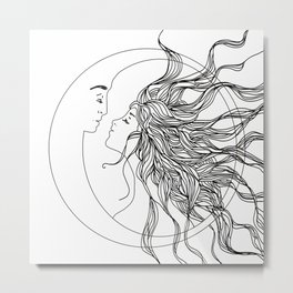 Sun and Moon II Metal Print | Lunar, Illustration, Minimal, Face, Smile, Woman, Drawing, Man, Art, Hair 