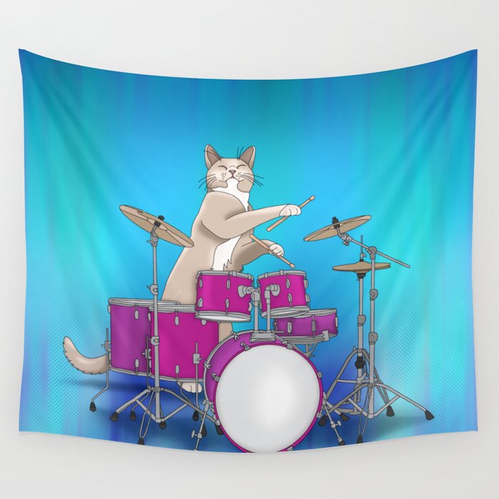 Cat Playing Drums - Blue Wall Tapestry
