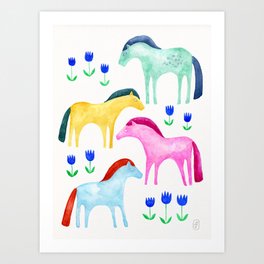 Horses and blue tulips Art Print