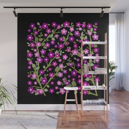 Lovely Blossoms - magenta on black Wall Mural