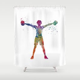 Young man exercising fitness in watercolor Shower Curtain