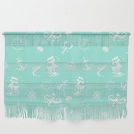 Mint Blue And White Silhouettes Of Vintage Nautical Pattern Wall Hanging
