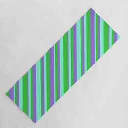 [ Thumbnail: Aquamarine, Lime Green, and Purple Colored Striped/Lined Pattern Yoga Mat ]