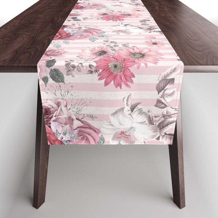 Vintage Pink Striped Floral Pattern Table Runner