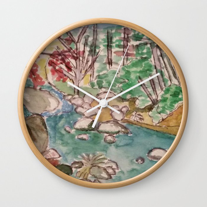 Tranquility Abstract Watercolor and Ink Drawing of a Rippling Mountain Stream Surrounded by Trees Wall Clock