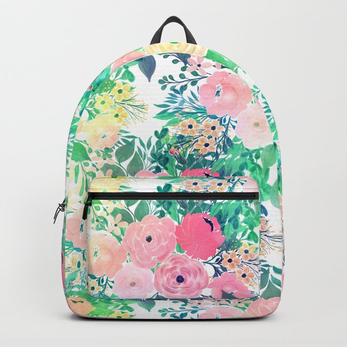 Pretty Pink Yellow & Green Watercolor floral paint Backpack