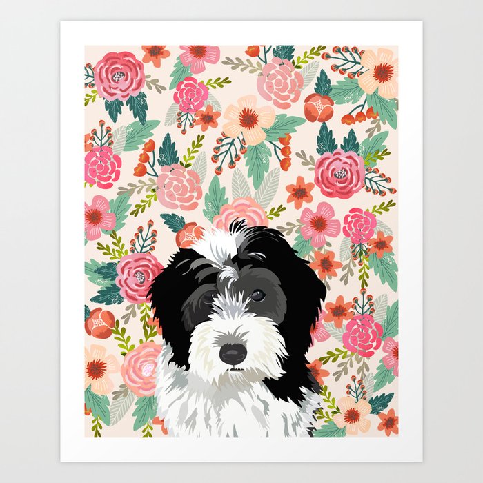 Bernedoodle floral pet portrait art print and dog gifts Art Print