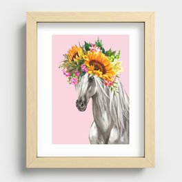 Sunflower Crown White Horse in Pink Recessed Framed Print