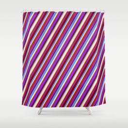 [ Thumbnail: Eye-catching Bisque, Red, Purple, Maroon, and Cornflower Blue Colored Lines Pattern Shower Curtain ]
