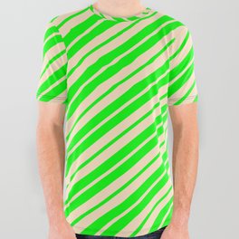[ Thumbnail: Lime and Bisque Colored Pattern of Stripes All Over Graphic Tee ]