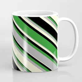 [ Thumbnail: Forest Green, Dark Grey, Light Yellow, and Black Colored Pattern of Stripes Coffee Mug ]