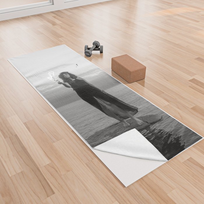 Waterfire; female on ocean water with fire black and white surreal photograph - photography - photographs Yoga Towel