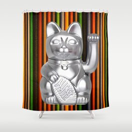 Silver Maneki Neko On A Colorful Background Shower Curtain