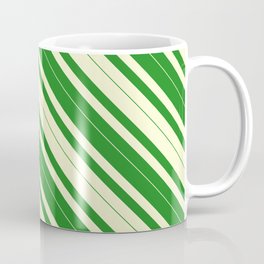 [ Thumbnail: Light Yellow & Forest Green Colored Lined/Striped Pattern Coffee Mug ]