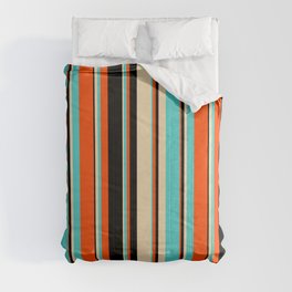 [ Thumbnail: Red, Black, Tan & Turquoise Colored Lined/Striped Pattern Comforter ]
