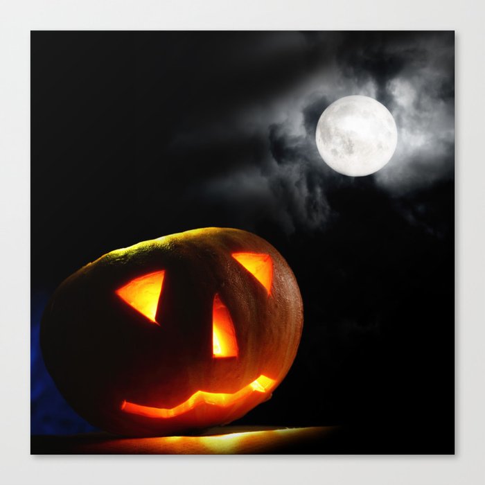 Halloween Pumpkin Ghost in Moonlight at Night Canvas Print