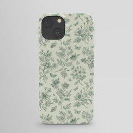 Toile de Jouy Wild Roses & Butterflies Forest Green Floral iPhone Case