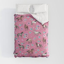 Pink Horse Print, Hand Drawn, Horses and Flowers, Girls Room, Comforter