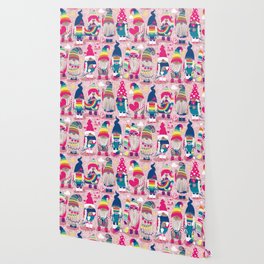 I gnome you // pastel pink background little happy and lovely gnomes with rainbows fuchsia pink hearts Wallpaper