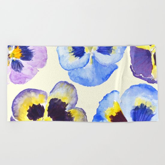 pansies pattern watercolor painting Beach Towel