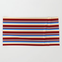 [ Thumbnail: Blue, Tan, and Maroon Colored Lined Pattern Beach Towel ]