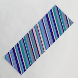 [ Thumbnail: Dark Cyan, Cornflower Blue, Grey, Blue & Pink Colored Stripes/Lines Pattern Yoga Mat ]