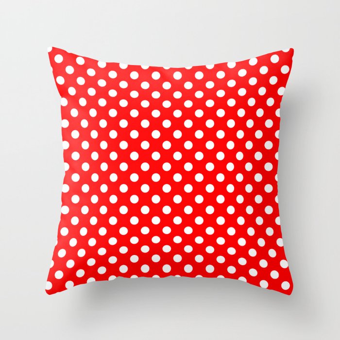 White Polka Dots on Red Pattern Throw Pillow by Bumblefuzz