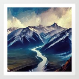 painting of river splitting mountains Art Print