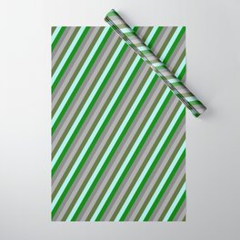 [ Thumbnail: Eye-catching Turquoise, Green, Grey, Dark Grey, and Dark Olive Green Colored Striped Pattern Wrapping Paper ]