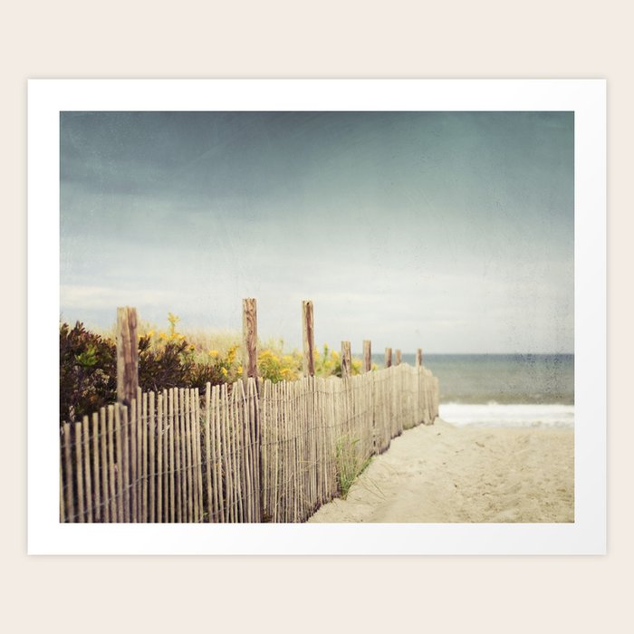 Beach Fence Photography Blue Brown Coastal Photo Seashore Dune Sand Ocean Seaside Art Print By Carolyncochrane