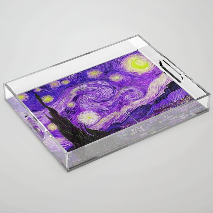 The Starry Night - La Nuit étoilée oil-on-canvas post-impressionist landscape masterpiece painting in alternate purple by Vincent van Gogh Acrylic Tray