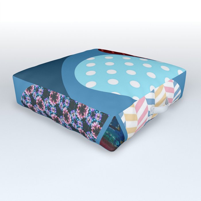 Patchwork Flower with 6 Patterned Petals on Blue Denim  Outdoor Floor Cushion