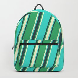 [ Thumbnail: Sea Green, Light Yellow, Turquoise, and Dark Slate Gray Colored Striped Pattern Backpack ]