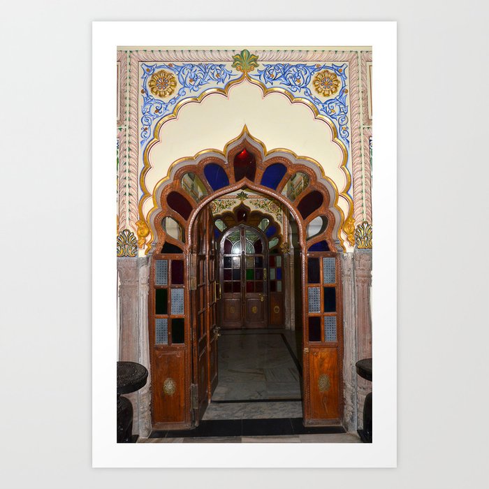 Colorful beautiful stained glass arrayed India temple front door old world color photograph art print Art Print