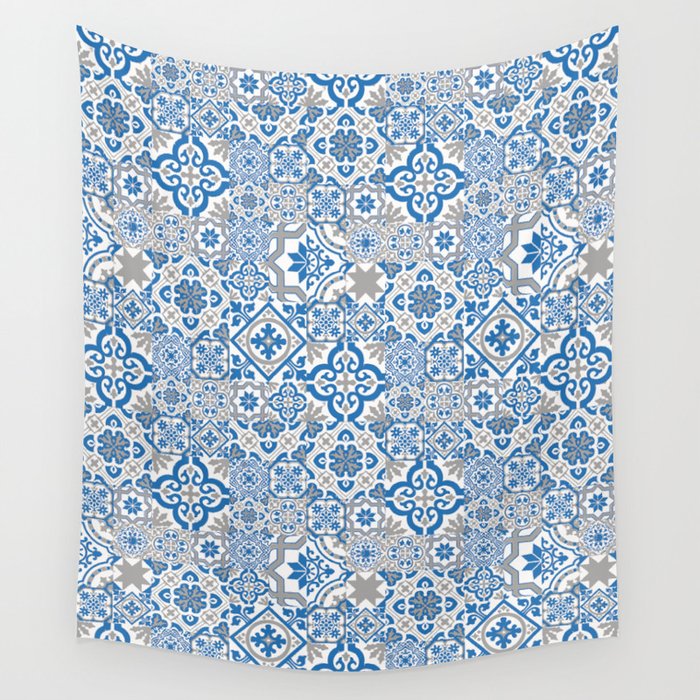 Blue and Gray Heritage Vintage Traditional Moroccan Zellij Zellige Tiles Style Wall Tapestry