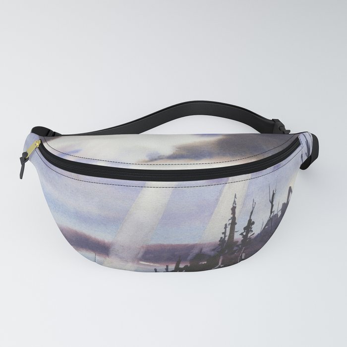 Stormy landscape painting.  Watercolor painting of sun's rays breaking through clouds landscape artwork water trees Fanny Pack