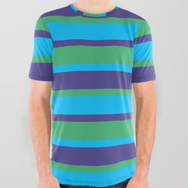 [ Thumbnail: Dark Slate Blue, Sea Green & Deep Sky Blue Colored Striped Pattern All Over Graphic Tee ]