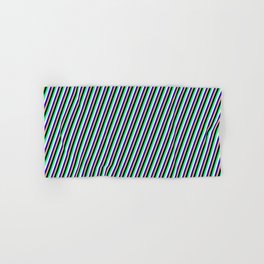 [ Thumbnail: Eye-catching Green, Beige, Blue, Light Salmon, and Black Colored Stripes/Lines Pattern Hand & Bath Towel ]