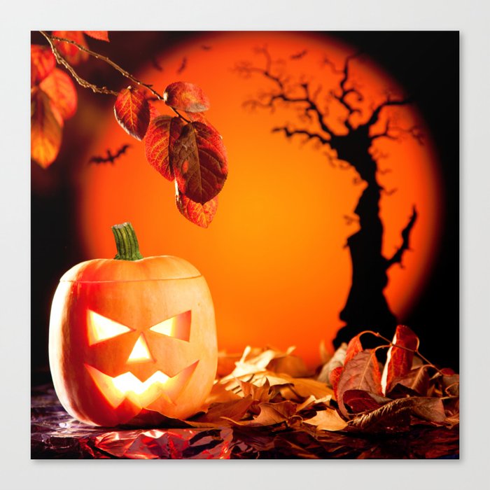 Halloween Orange Pumpkin on Autumn Leaves Canvas Print