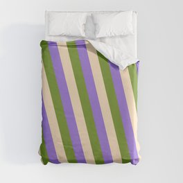 [ Thumbnail: Purple, Green, and Bisque Colored Lines/Stripes Pattern Duvet Cover ]