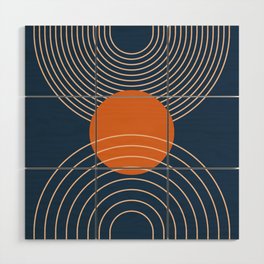Geometric Lines in Orange and Navy Blue 2 (Sun and Rainbow Abstract) Wood Wall Art