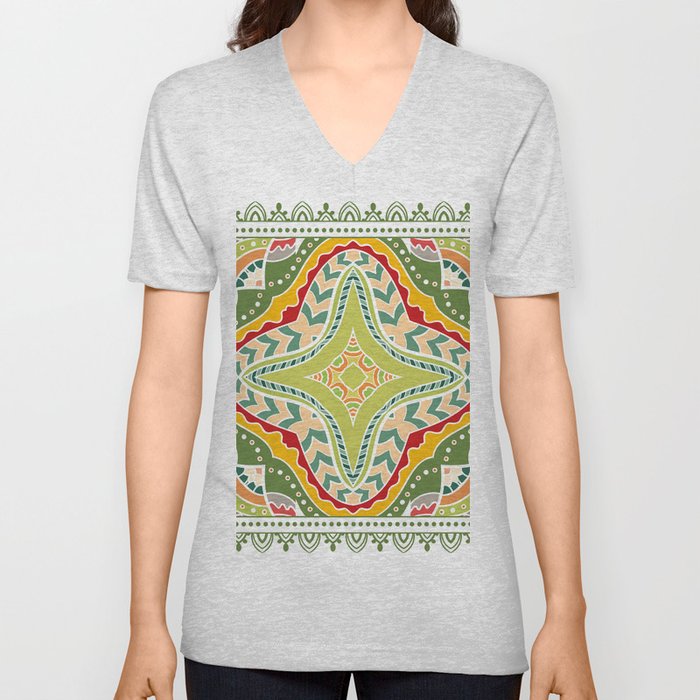 Decorative colorful background, geometric floral doodle pattern with ornate lace frame. Tribal ethnic mandala ornament. Bandanna shawl, tablecloth fabric print, silk neck scarf, kerchief design V Neck T Shirt