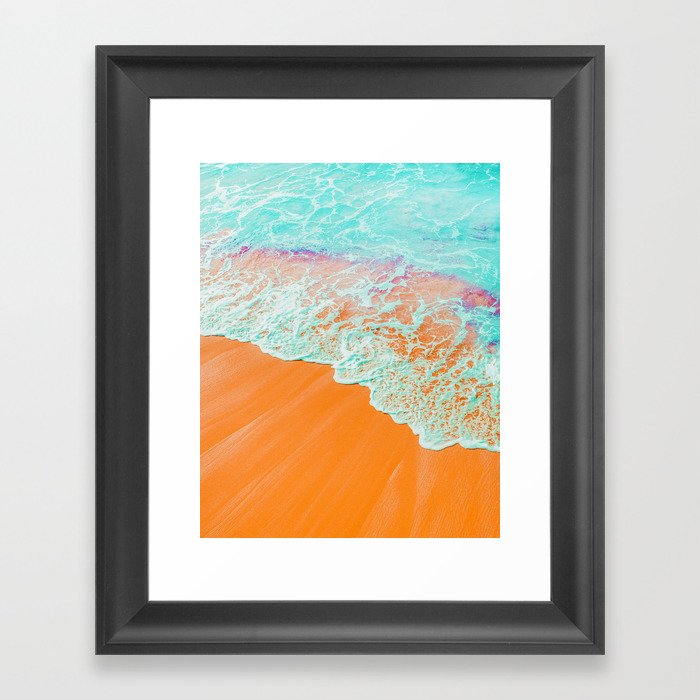 Coral Shore, Ocean Beach Photography, Summer Sea Sand Waves Framed Art Print